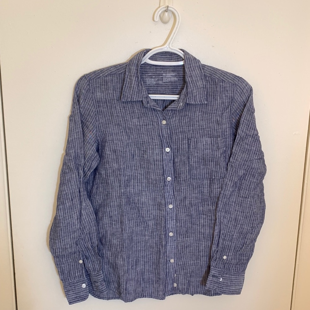 Muji Linen Blue/White Vertical Stripe Shirt
